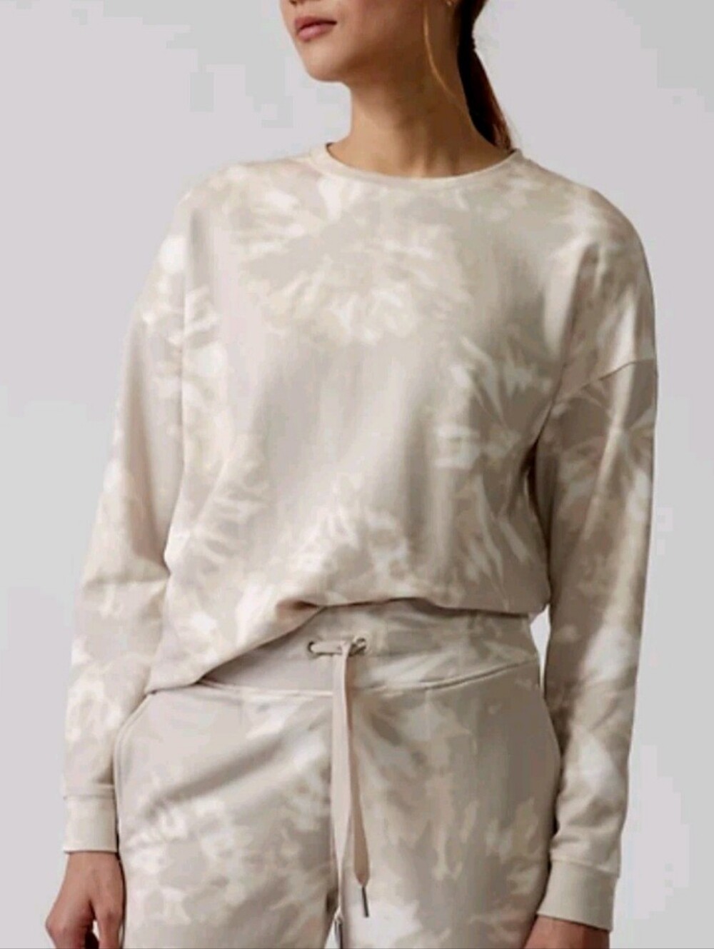 Athleta Balance Tie Dye Pullover Sweatshirt Crewneck Beige White Large Like New